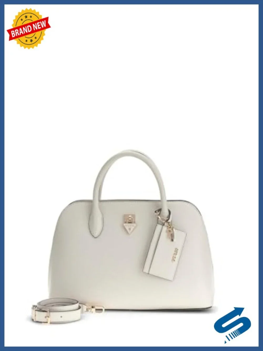 Faux saffiano-leather satchel with shiny gold hardware, adjustable crossbody